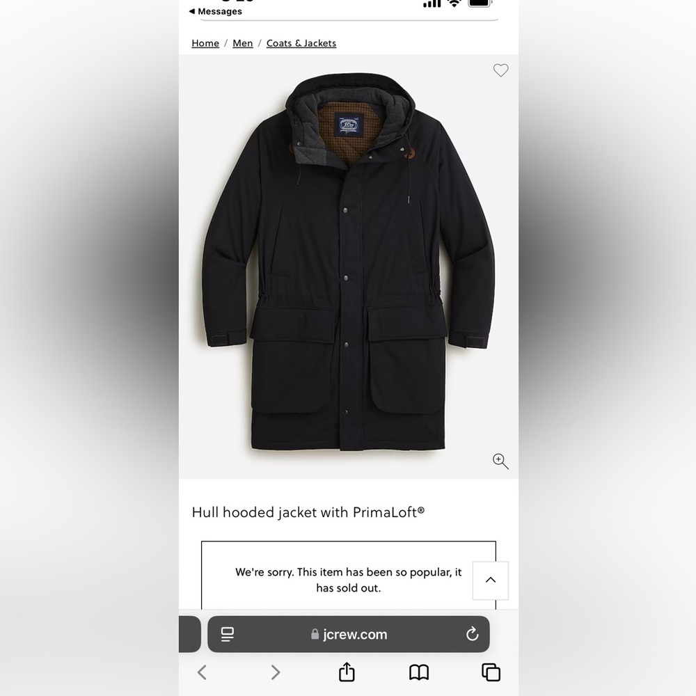 J. Crew men’s Hull hooded jacket with PrimaLoft® size medium